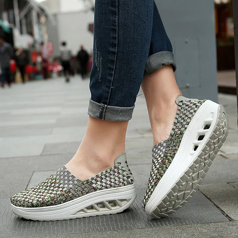 Zapatos De Mujer Sneakers Women's Mixed Color Woven Wedge Rocking Shoes Lightweight Non-slip Breathable Loafers Chaussure Femmes