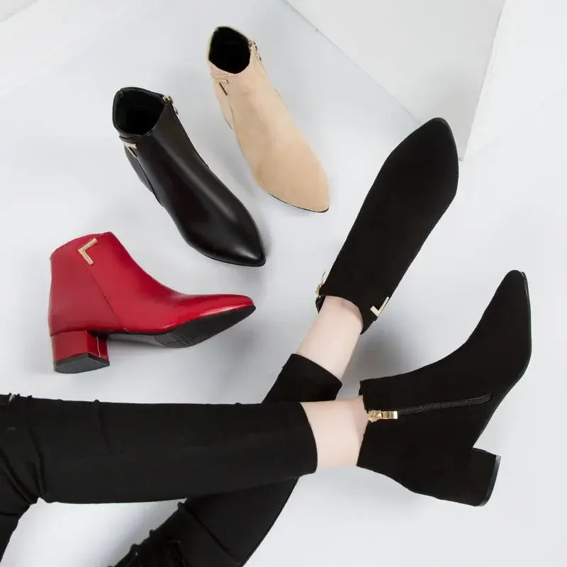 Fashion Women Boots Casual Leather Low High Heels Spring Shoes Woman Pointed Toe Rubber Ankle Boots Black Red Zapatos Mujer785