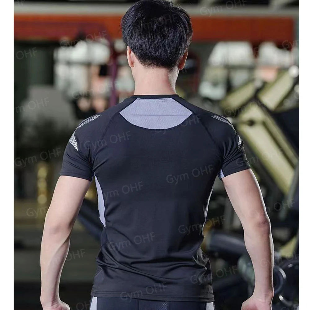 Men's Solid Color Short Sleeved T-shirt Compressed Quick Drying Breathable Training Suit Fitness Jujitsu Rashguard Top Gym Sport