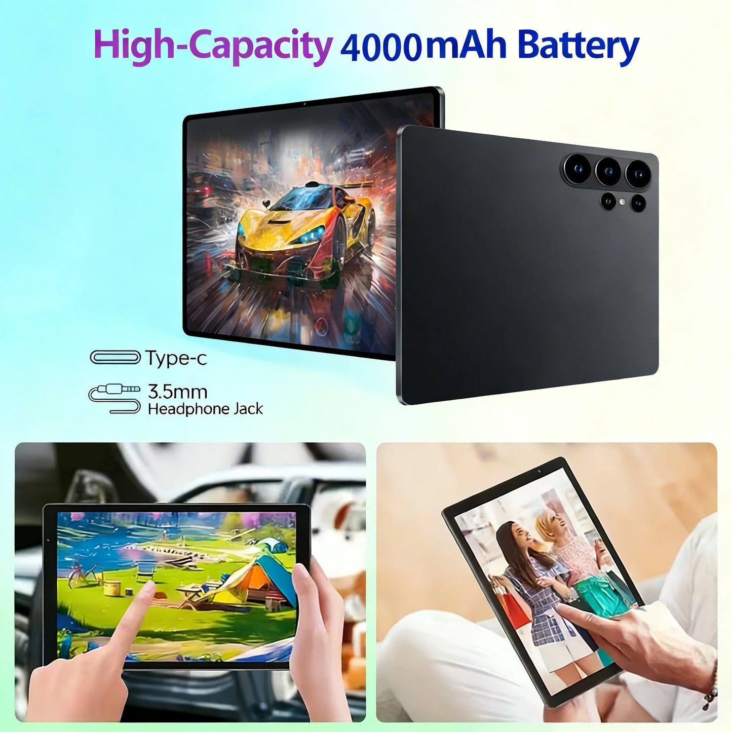 Portable Android 15 Tablet 8GB+256GB, 4000mAh Long Battery, HD Camera for Remote Work & Study