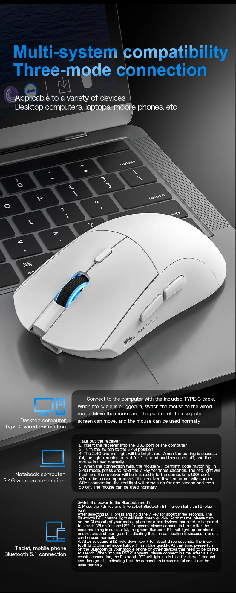 SMAILWOLF RS7 Bluetooth Wireless Mouse Three-Mode Gaming Notebook Desktop Computer Gaming PAW3311 Suitable for Big Hands