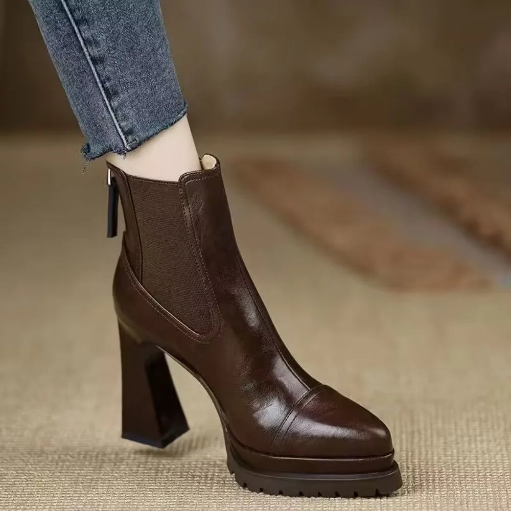 Handmade Women's Shoes, Platform Waterproof High Heels, Chunky Fashionable Trendy Stylish 2026 New Brown Ankle Boots
