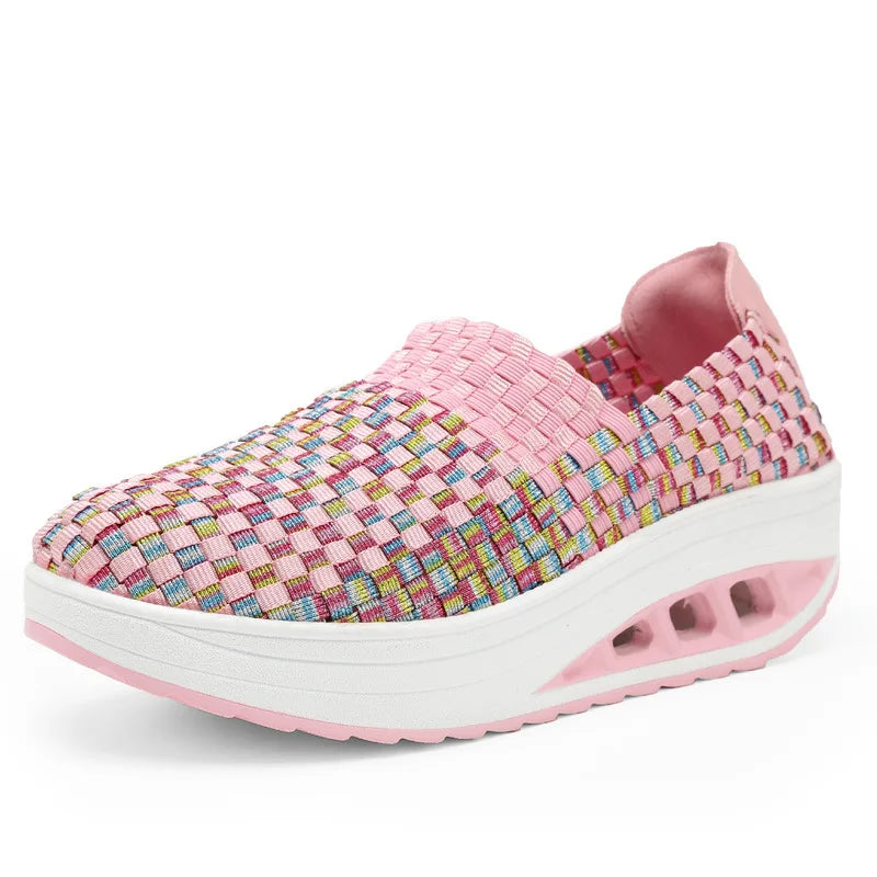 Zapatos De Mujer Sneakers Women's Mixed Color Woven Wedge Rocking Shoes Lightweight Non-slip Breathable Loafers Chaussure Femmes