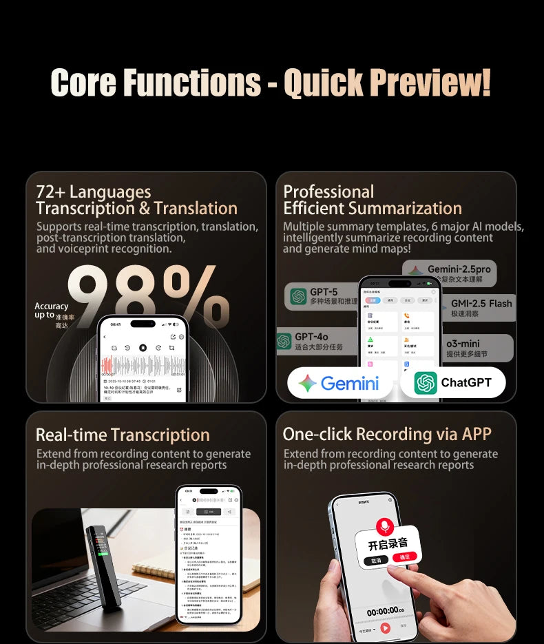 AI Digital Audio Recorder AI Voice to Text/Translation 98% Accuracy ChatGPT 72 Languages HD Noise Reduction Classroom Recording