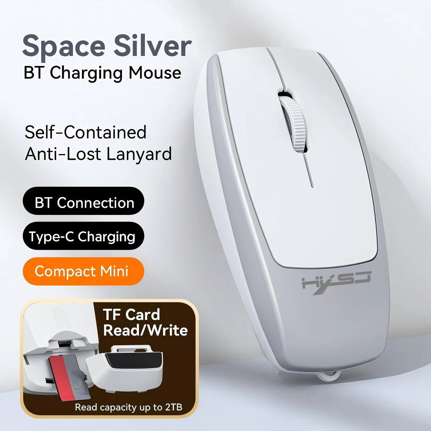 Portable Bluetooth 5.1 Wireless Mini Mouse Rechargeable TF Card Reader Silent Adjustable DPI Mouse for Phone Tablet Notebook