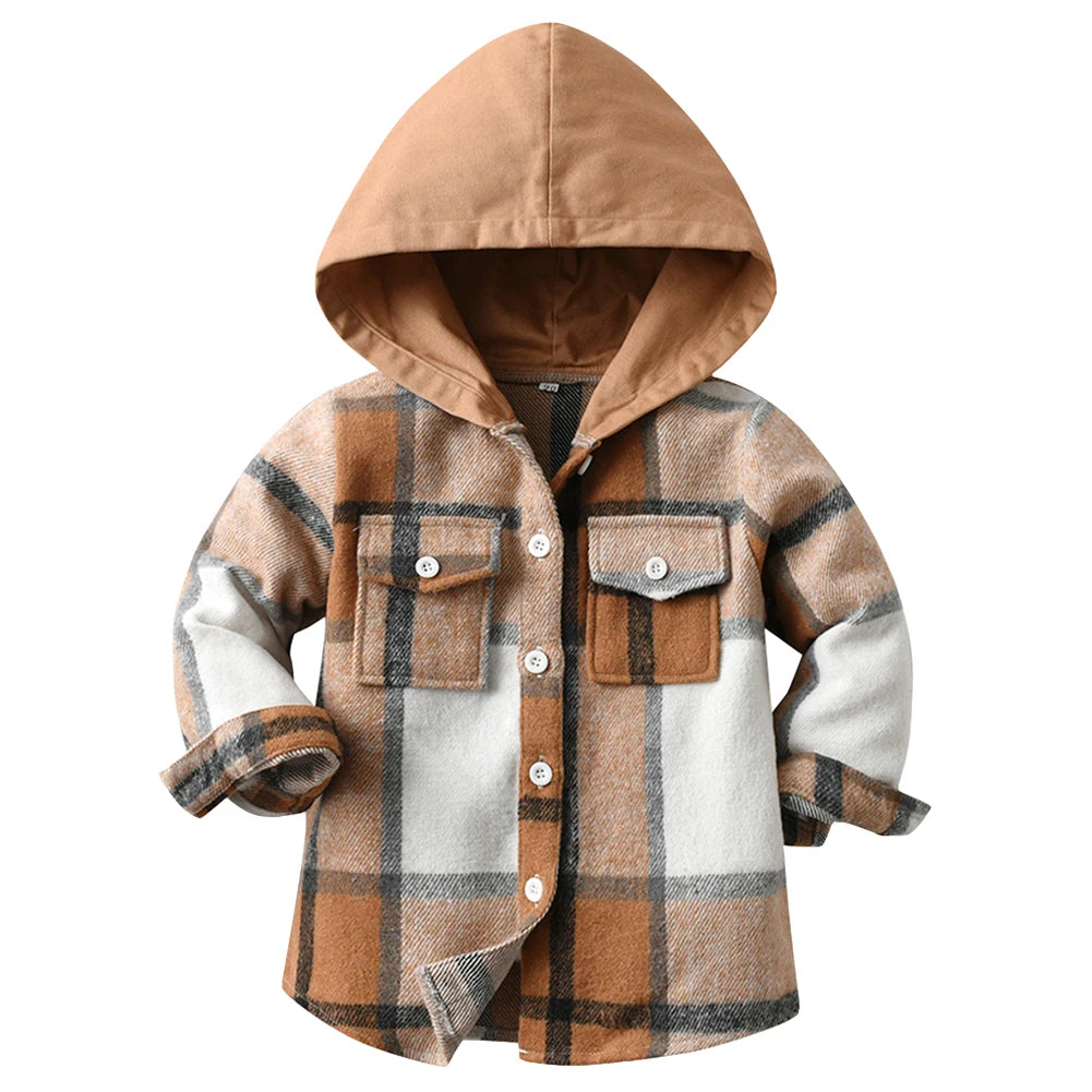 Hoodie Boys Plaid Shirt,Long Sleeve Kids Transition Jacket,Checkered Single Breasted Blouse,Spring Outerwear,Girls Lattice Tops