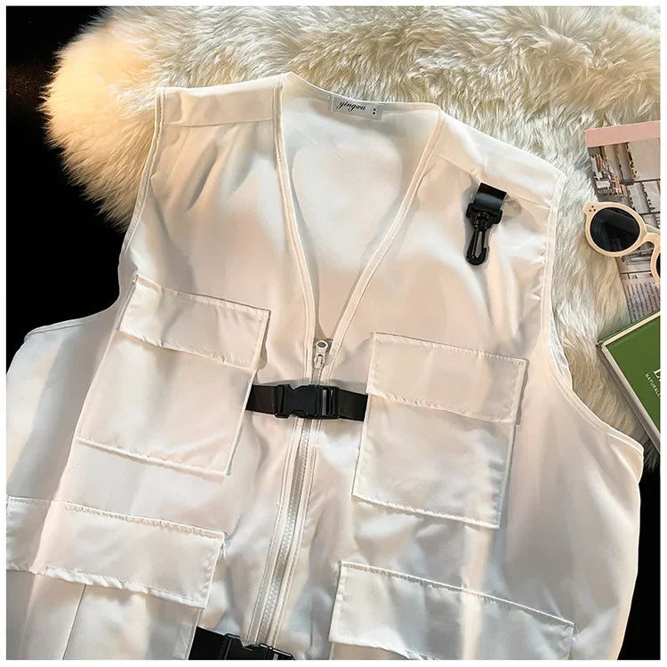 Techwear Vests Women Vintage Spring Autumn Coat Designed Couples All-match Sleeveless Outwear Japanese Harajuku Aesthetic Ins