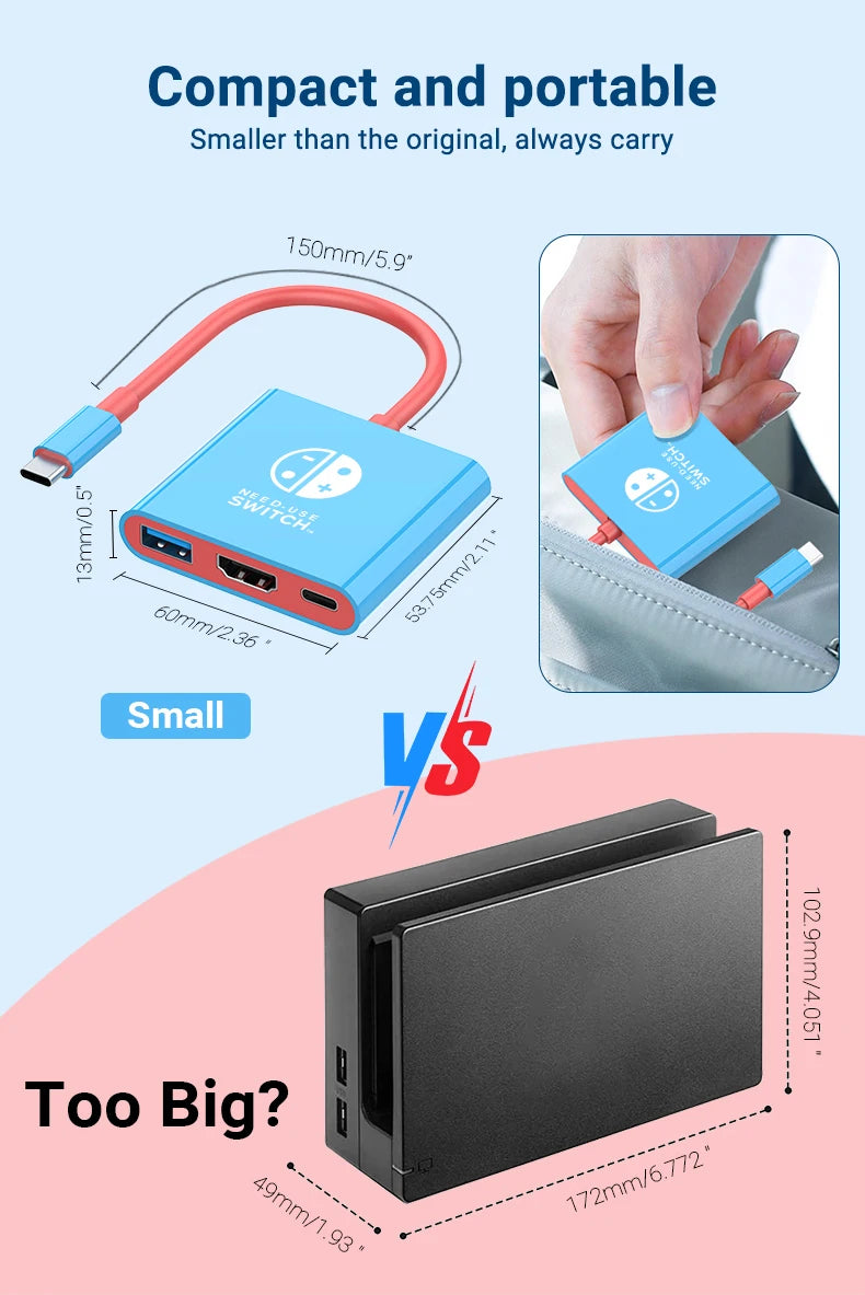 Portable Game Docking Station TYPE-C Hub with HDMI and USB 3.0 Perfect for Travel and Gaming