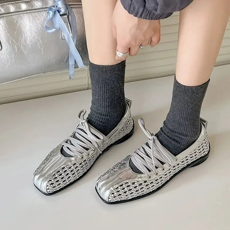 Women's Ballet Shoes Flats Designer Casual Shoes Square Toe Mesh Sport Shoes Lace Up Fashion Sneakers Comfoer Mujer Zapatillas