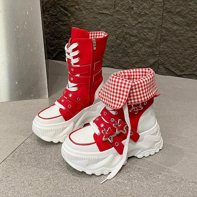 2026 New Women's Shoes Fashion Canvas Platform Mid Calf Boots for Woman Street Style Casual Sneakers Designer Shoes Botas Mujer