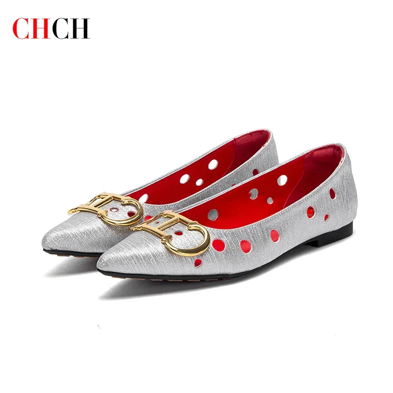 CHCH 2025 Women's Flat Shoes New Punching Design Pointed Woman Shoes Simple Anti slip