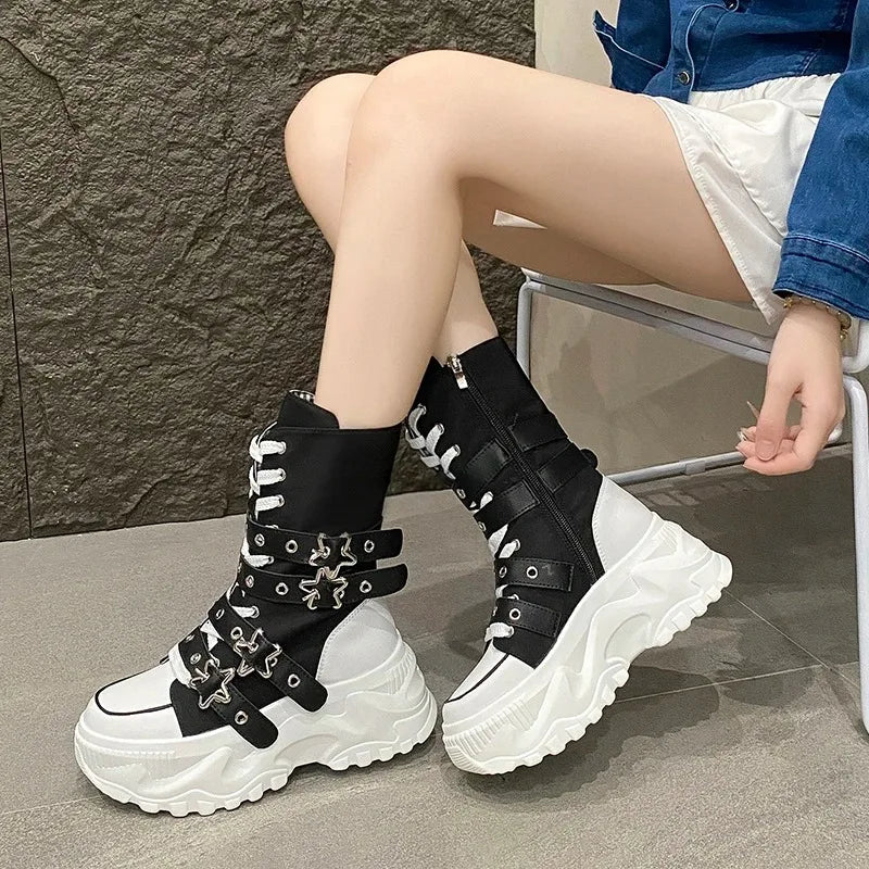 2026 New Women's Shoes Fashion Canvas Platform Mid Calf Boots for Woman Street Style Casual Sneakers Designer Shoes Botas Mujer