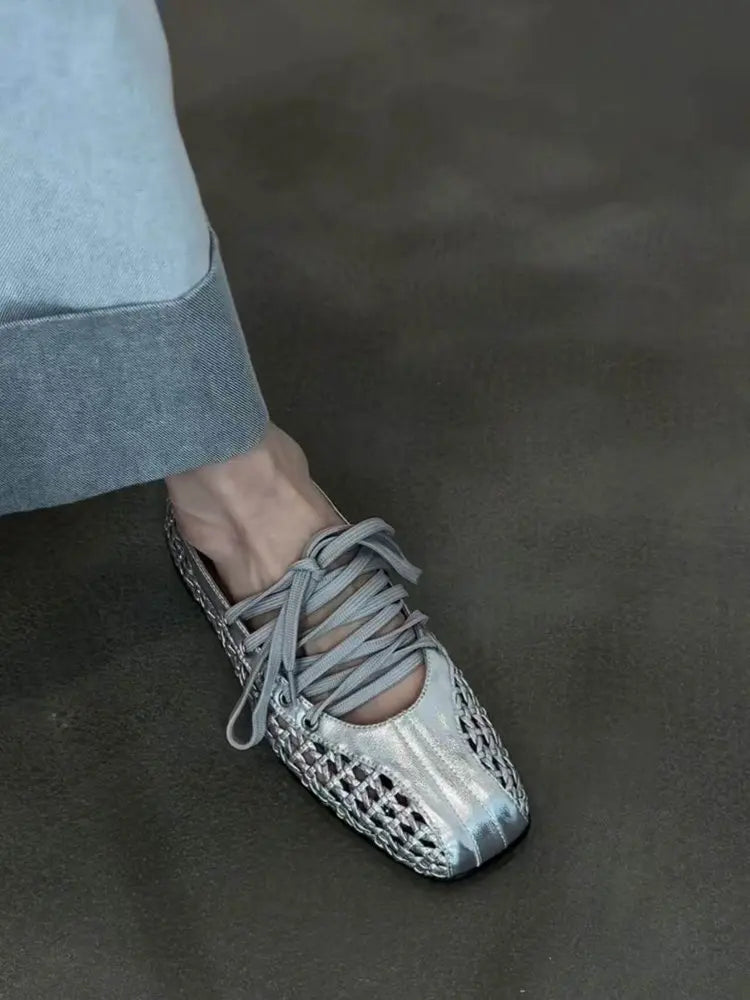 Women's Ballet Shoes Flats Designer Casual Shoes Square Toe Mesh Sport Shoes Lace Up Fashion Sneakers Comfoer Mujer Zapatillas