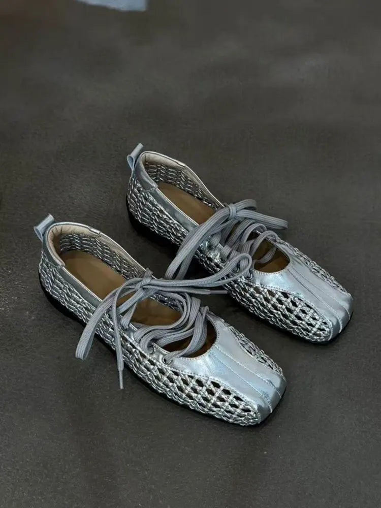 Women's Ballet Shoes Flats Designer Casual Shoes Square Toe Mesh Sport Shoes Lace Up Fashion Sneakers Comfoer Mujer Zapatillas