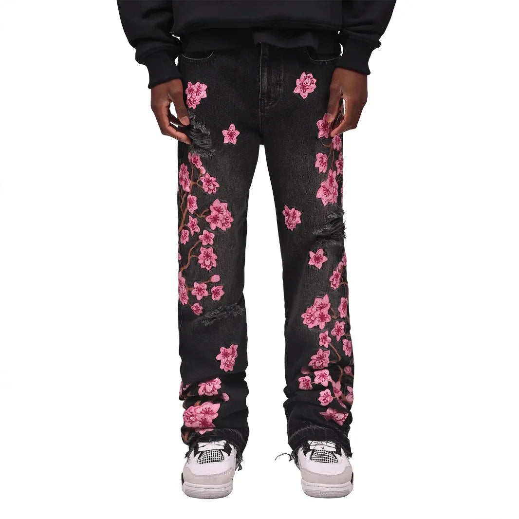 Jean Ripped Floral Brode Flare Homme