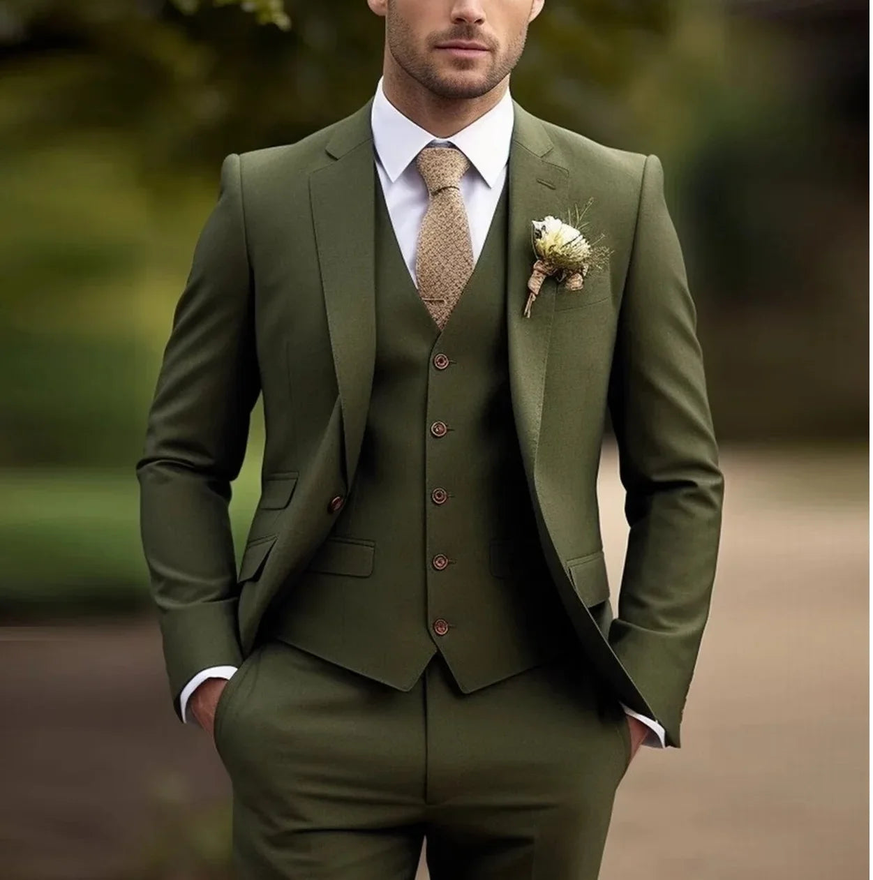Costume 3 Pieces Vert Militaire Ceremonie