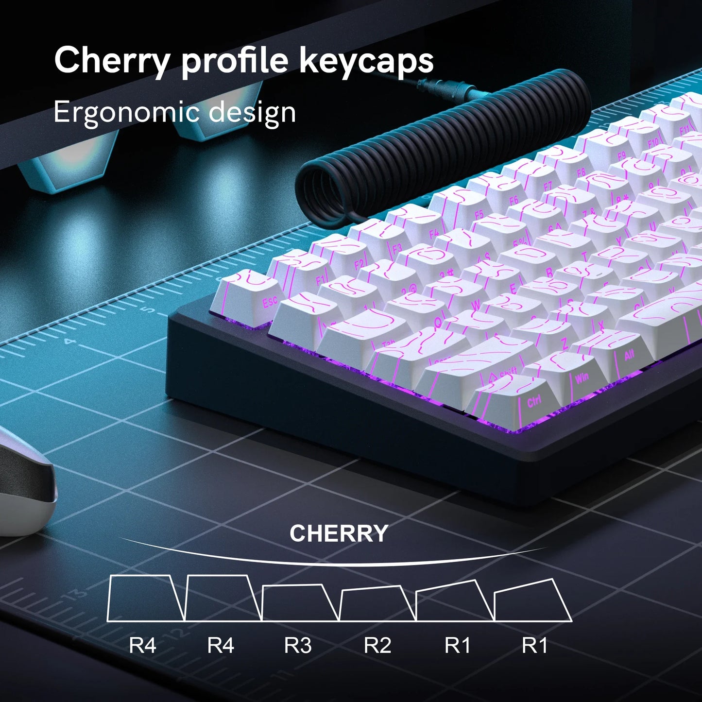 98 Key White Topographic 4.0 PBT Keycaps Double Shot Side Print Shine Through Backlit key caps For MX Gamer Mechanical Keyboard