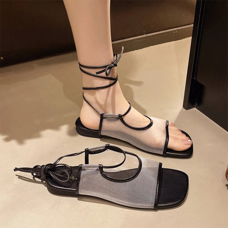 Women's Shoes French Niche Style Roman Breathable Mesh Flat Sandals Women's 2026 Summer New Square Toe Open Toe Strap Slippers