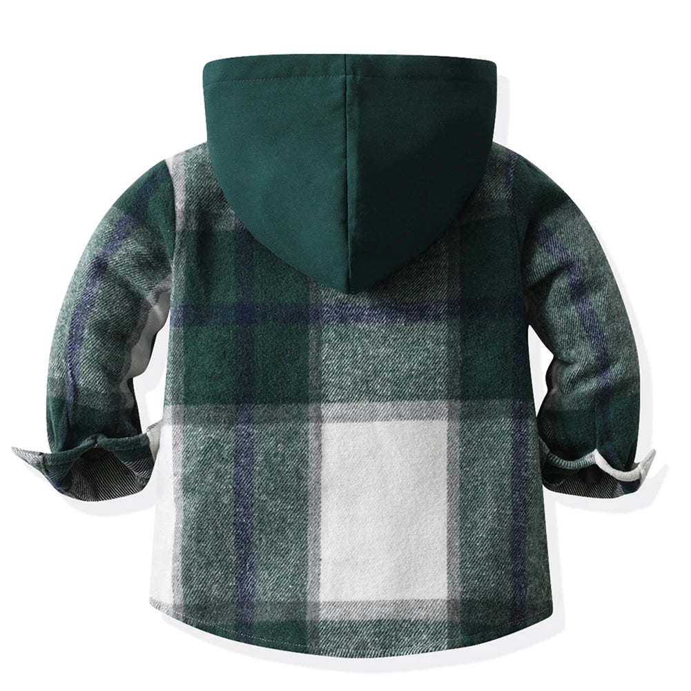 Hoodie Boys Plaid Shirt,Long Sleeve Kids Transition Jacket,Checkered Single Breasted Blouse,Spring Outerwear,Girls Lattice Tops