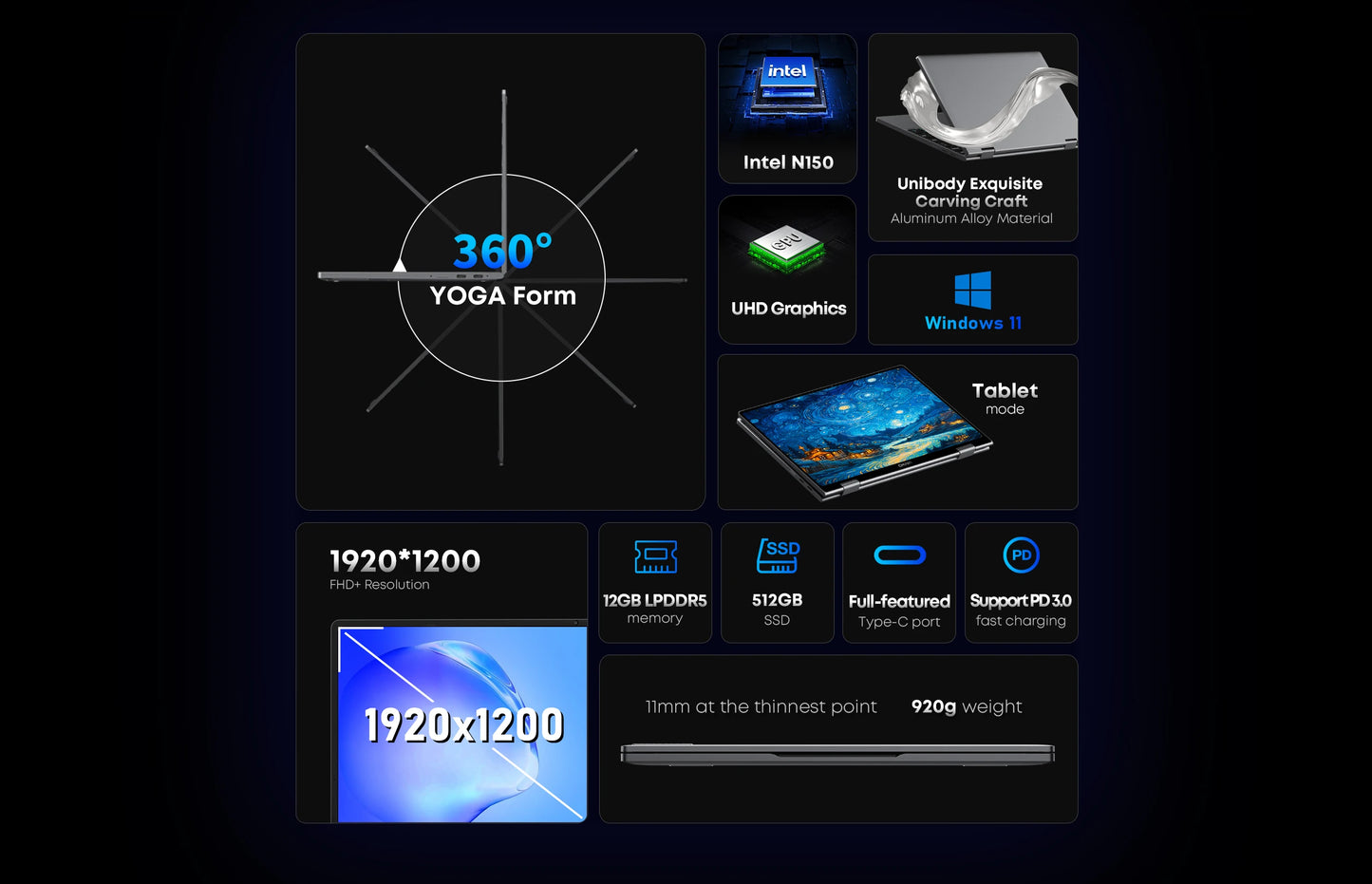 CHUWI MiniBook X N150 Laptop 10.51 Inch 16GB /12GB RAM 512GB SSD 2-in-1 Yoga Mode Intel Windows 11 Notebook 360° Flipable WiFi 6