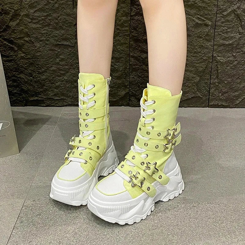 2026 New Women's Shoes Fashion Canvas Platform Mid Calf Boots for Woman Street Style Casual Sneakers Designer Shoes Botas Mujer