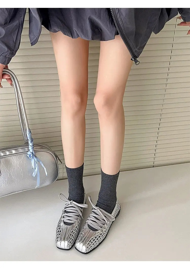 Women's Ballet Shoes Flats Designer Casual Shoes Square Toe Mesh Sport Shoes Lace Up Fashion Sneakers Comfoer Mujer Zapatillas