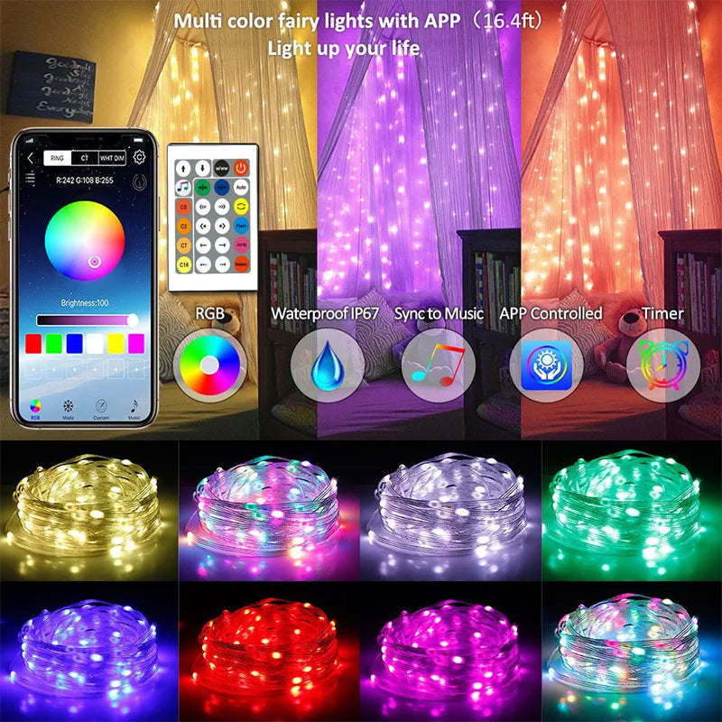 Guirlande LED RGB Bluetooth Fil Cuivre Fête