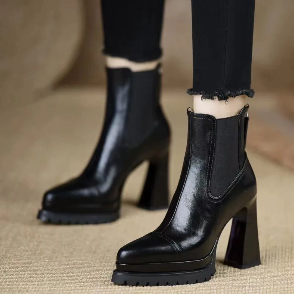 Handmade Women's Shoes, Platform Waterproof High Heels, Chunky Fashionable Trendy Stylish 2026 New Brown Ankle Boots