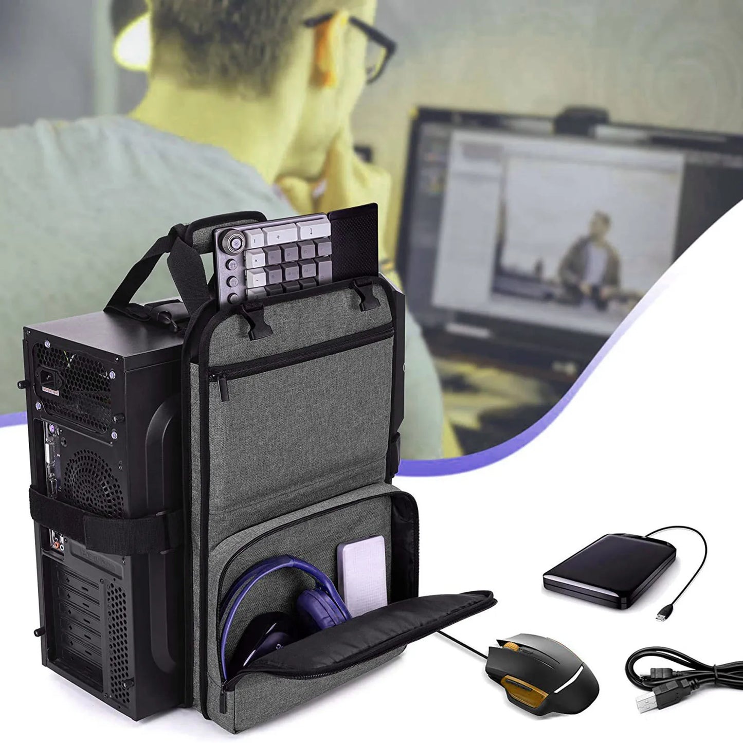 PC Tower Carrying Strap with Handle Desktop Carrying Case with Pockets for Keyboard Cable Computer Accessories Polyester