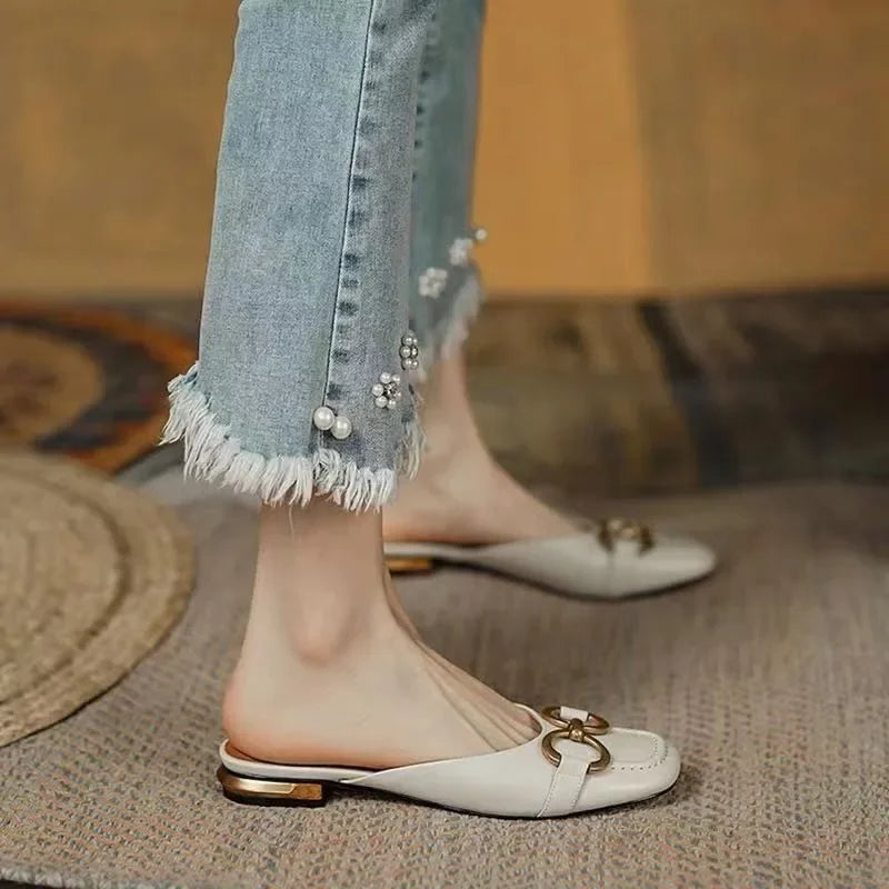 Zapatos Mujer French Vintage Women Sandals Summer 2023 New Elegant Low Heel Shoes Lazy Casual Muller Shoes Designer Women Shoes