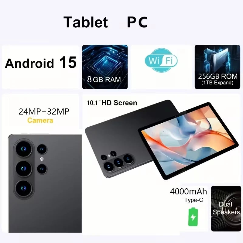 Portable Android 15 Tablet 8GB+256GB, 4000mAh Long Battery, HD Camera for Remote Work & Study