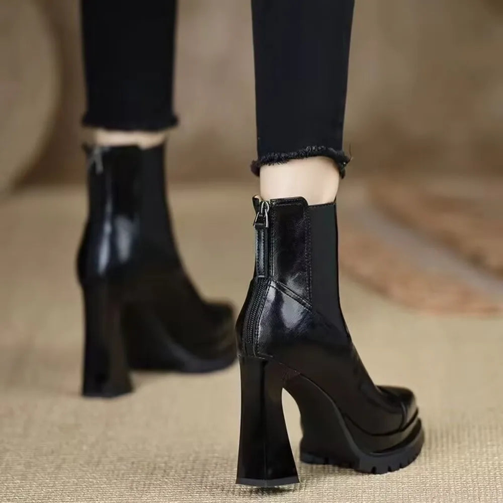 Handmade Women's Shoes, Platform Waterproof High Heels, Chunky Fashionable Trendy Stylish 2026 New Brown Ankle Boots