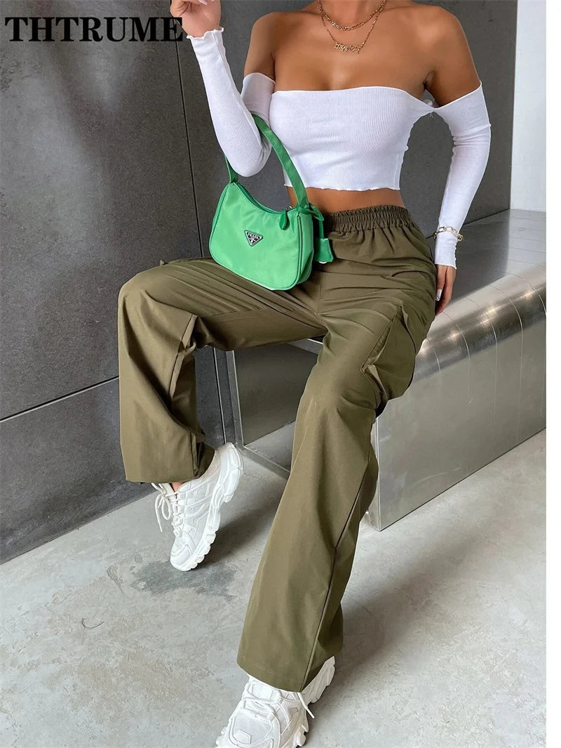 Cargo Vintage Streetwear Poches Taille Haute Femme