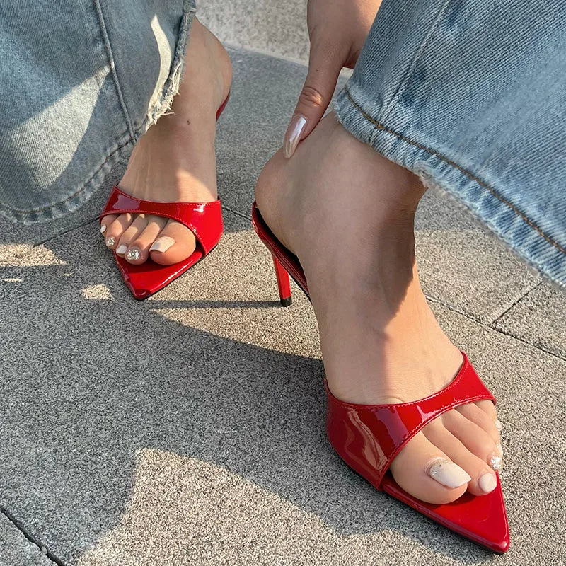 Female Red Footwear Pumps Slides Heels Shoes For Women New In 2025 Luxury Fashion Pointed Toe Ladies Thin High Heels Shoes
