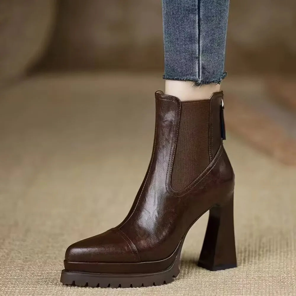 Handmade Women's Shoes, Platform Waterproof High Heels, Chunky Fashionable Trendy Stylish 2026 New Brown Ankle Boots