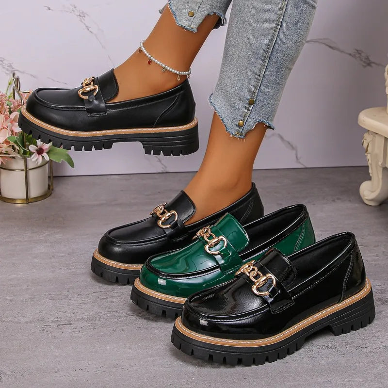 2025 Female Shoes Women Fashion Janes Round Toe Flats Loafers Oxfords Platform Casual Metal Chain Buckle Ladies Heels Black