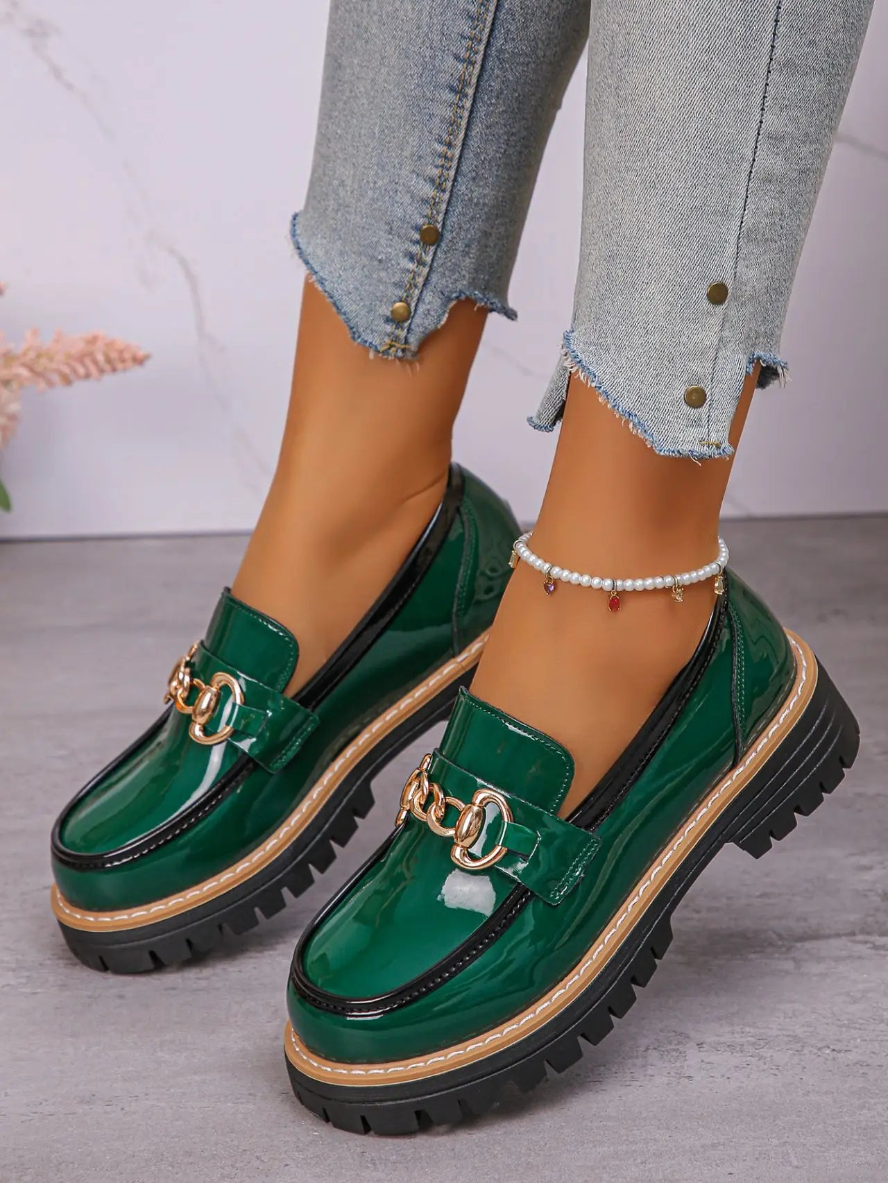 2025 Female Shoes Women Fashion Janes Round Toe Flats Loafers Oxfords Platform Casual Metal Chain Buckle Ladies Heels Black