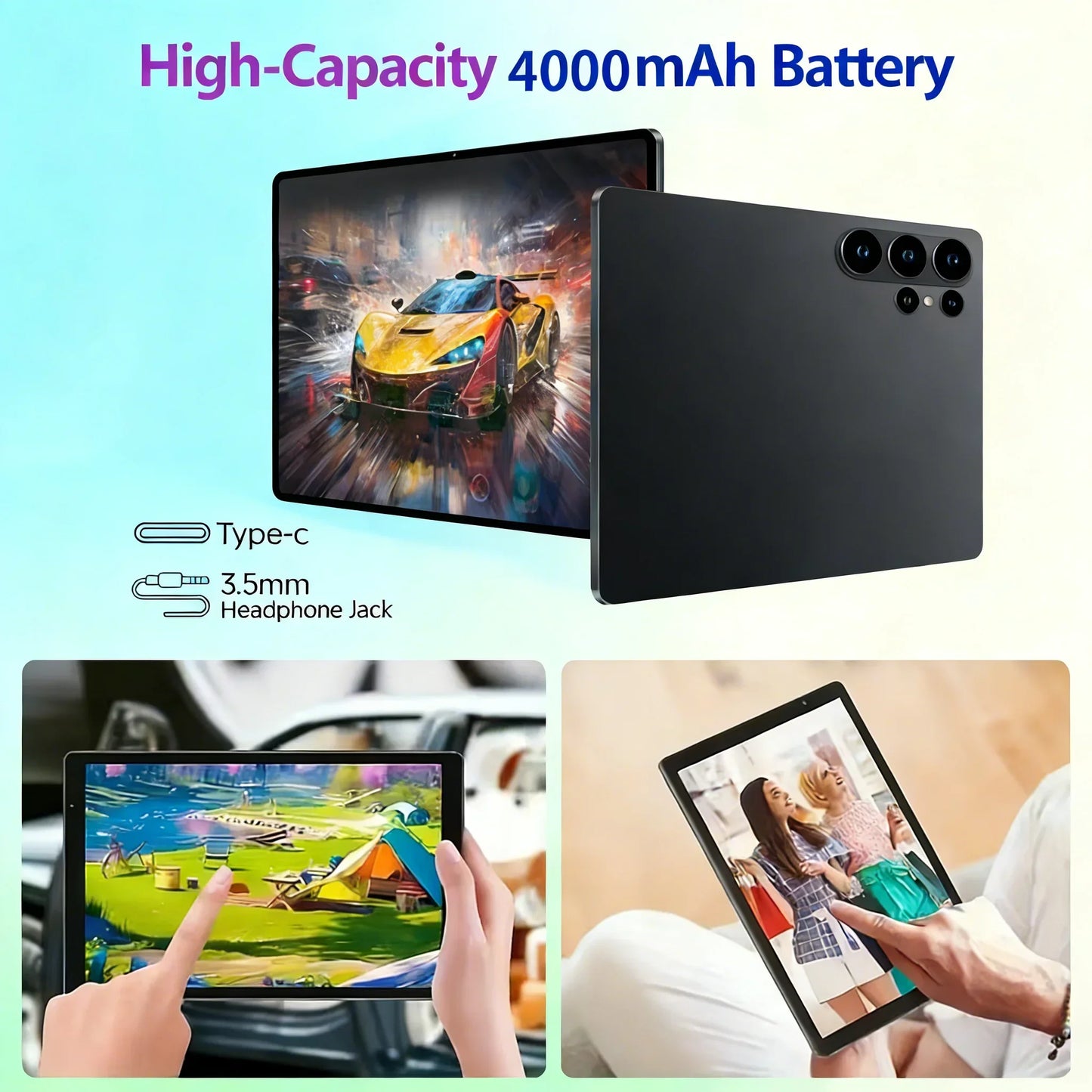Portable Android 15 Tablet 8GB+256GB, 4000mAh Long Battery, HD Camera for Remote Work & Study