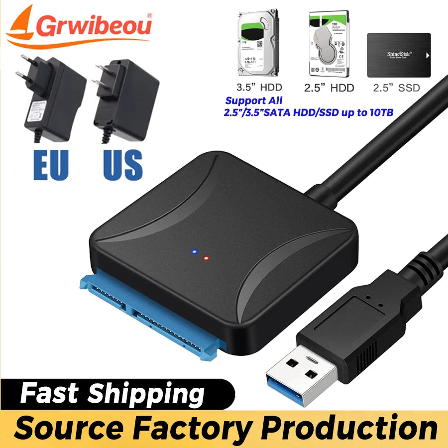 Grwibeou SATA To USB 3.0 Adapter External Hard Drive Converter Cable Support 2.5/3.5 Inch External SSD HDD Hard Drive Disk