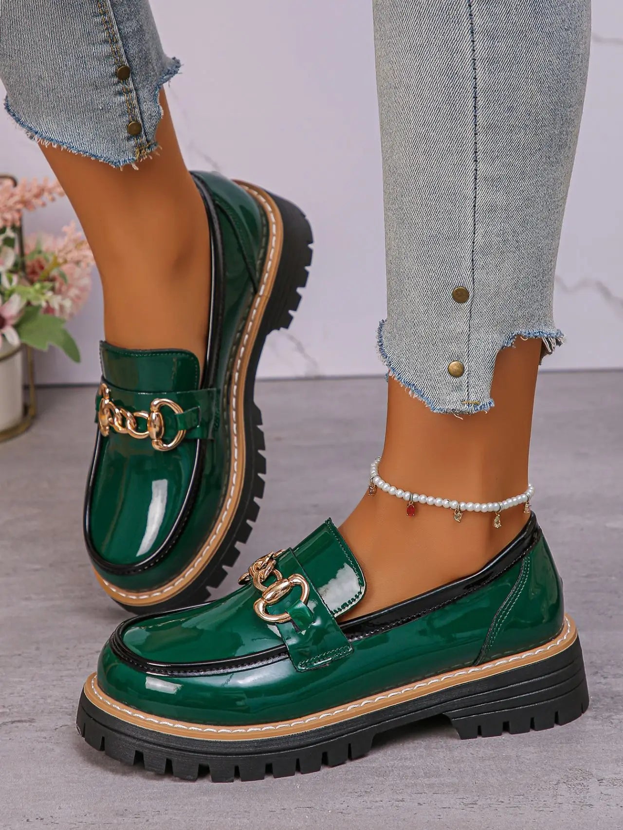 2025 Female Shoes Women Fashion Janes Round Toe Flats Loafers Oxfords Platform Casual Metal Chain Buckle Ladies Heels Black