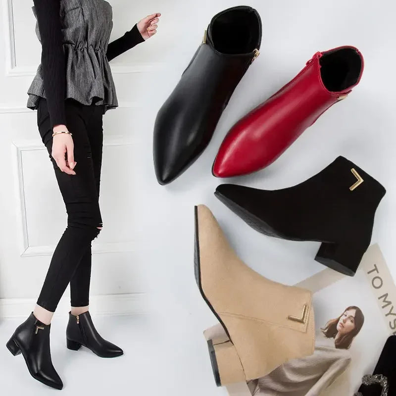 Fashion Women Boots Casual Leather Low High Heels Spring Shoes Woman Pointed Toe Rubber Ankle Boots Black Red Zapatos Mujer785