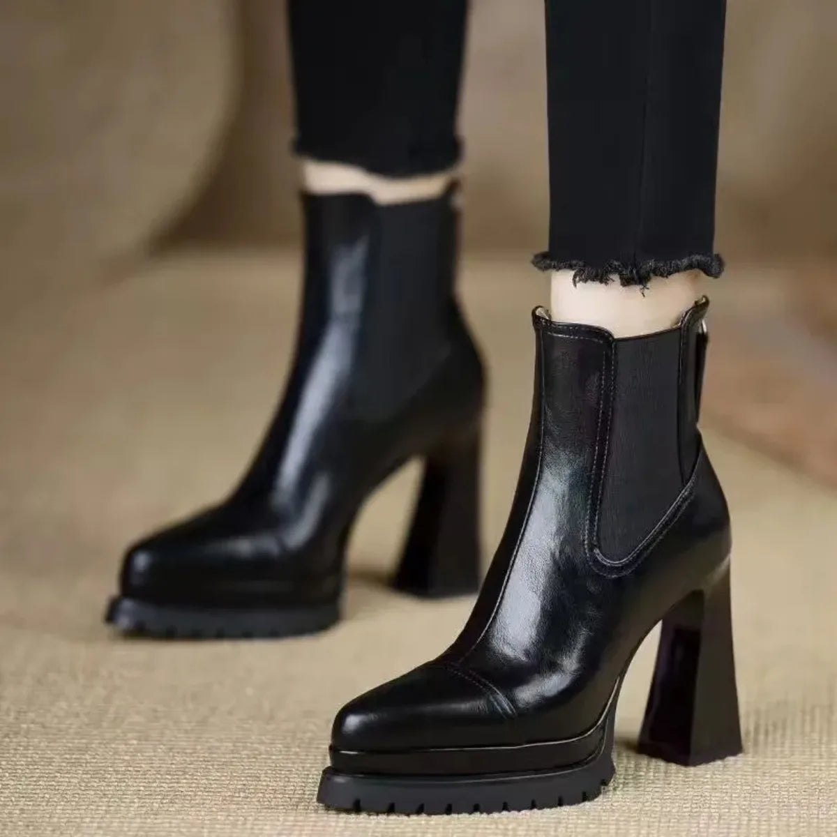 Handmade Women's Shoes, Platform Waterproof High Heels, Chunky Fashionable Trendy Stylish 2026 New Brown Ankle Boots