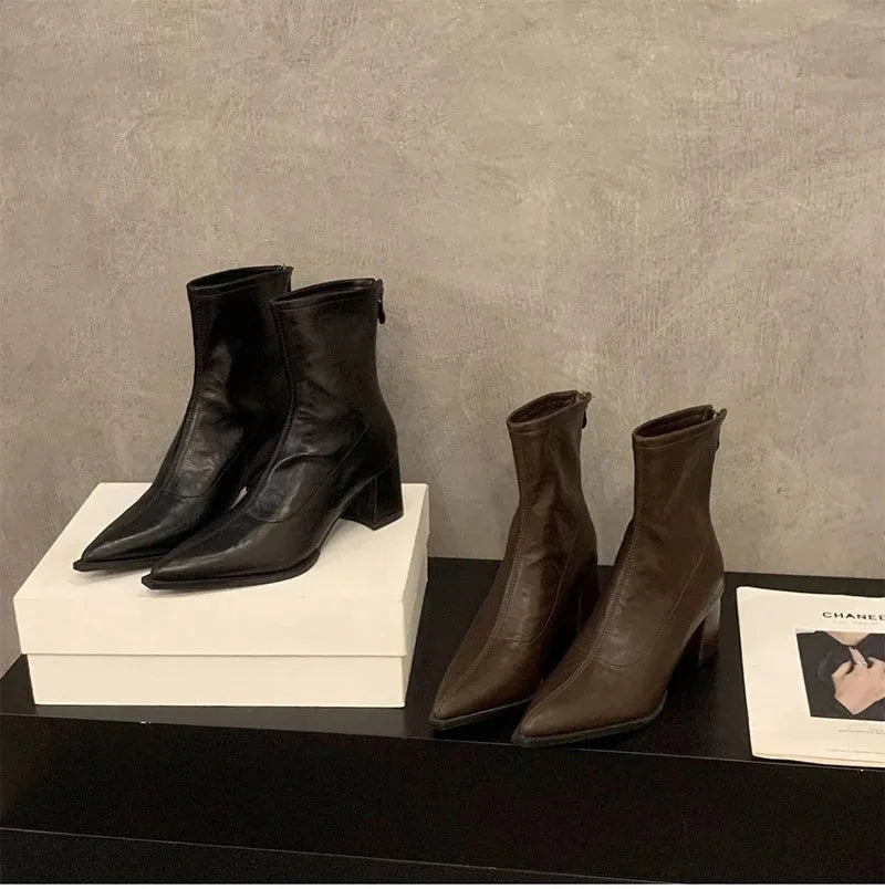Women Boots Fashion French Style Ankle Boots Designer High Heeled Boots for Woman Exquisite Pointed Tip Casual Shoes Botas Mujer
