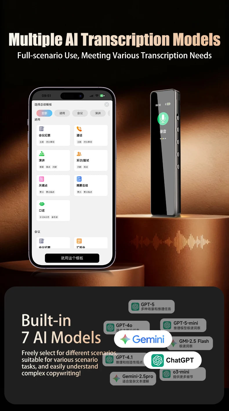 AI Digital Audio Recorder AI Voice to Text/Translation 98% Accuracy ChatGPT 72 Languages HD Noise Reduction Classroom Recording