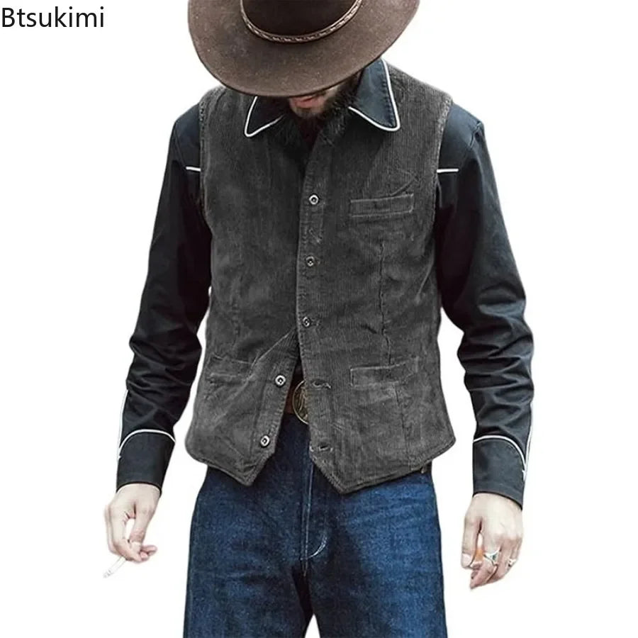 2026 Men's Retro Vest British Style Workwear Corduroy Vestes Casual Coat Single Breasted Sleeveless Jacket for Men Formal Vest