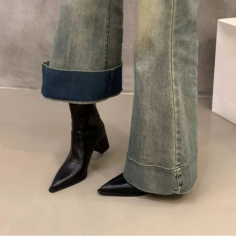 Women Boots Fashion French Style Ankle Boots Designer High Heeled Boots for Woman Exquisite Pointed Tip Casual Shoes Botas Mujer