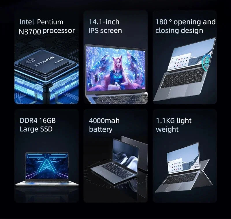 New Ultra Slim Laptop 14.1" 16GB RAM 2TB SSD Intel N3700 Notebook Gamer 1920*1080 Display Office Study Computer PC Windows 11 Pro